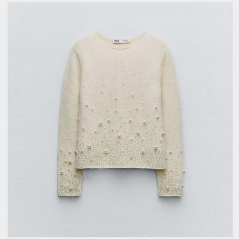 Zara Ecru Cream Knit Sweater with Pearl Embellishments Pullover Womens Size XL